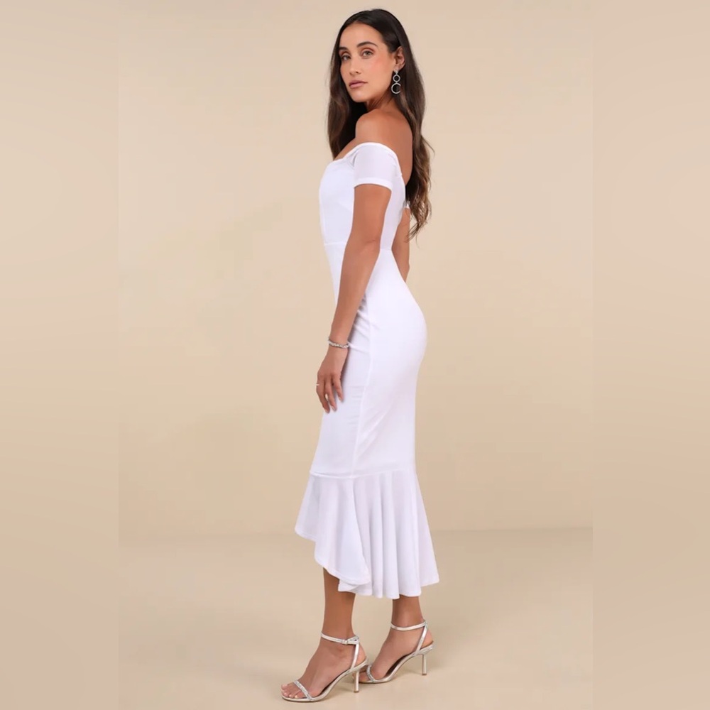 New Lulus How Much I Care White Velvet Off-the-Shoulder Midi Dress Size M - Picture 4 of 4
